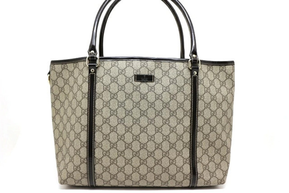 Gucci Tote Bag GG Canvas Patent Vernis Leather Dark Brown Beige Cream